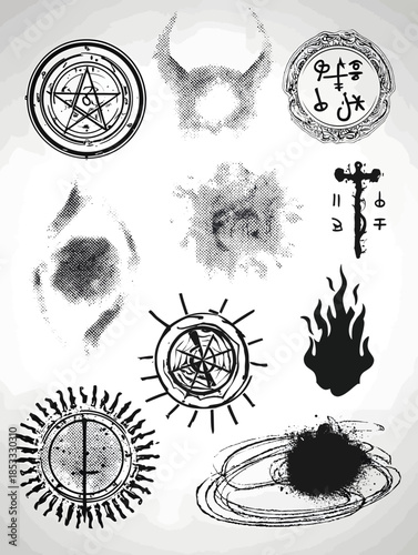 Tattoo stencilstyle vector illustration grayscale on white background Simplified black silhouettes of the demonic featuring sigils infernal symbols flames and