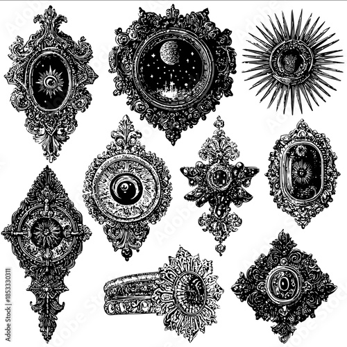 intricate gothic jewelry clipart ornate baroque designs antique black and white aesthetic featuring celestial motifs mystical rings ornate brooches detailed g