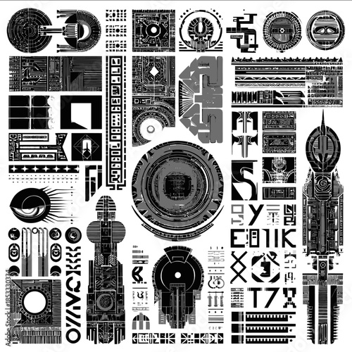 simple sci fi decals letters and numbers black vectors on white background