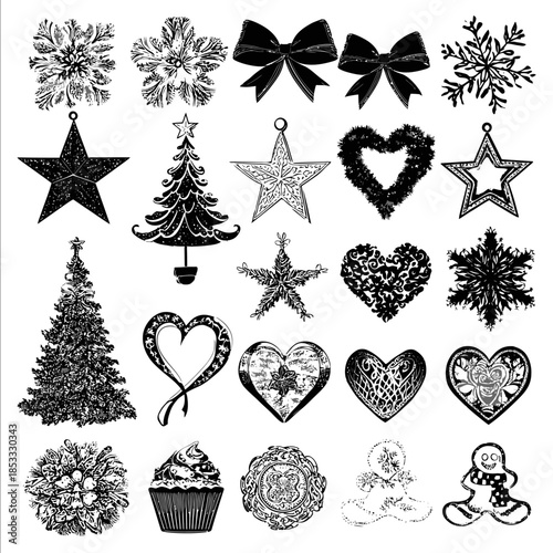 collage of black and white holiday oriented symbols and outlines to use within a holiday card