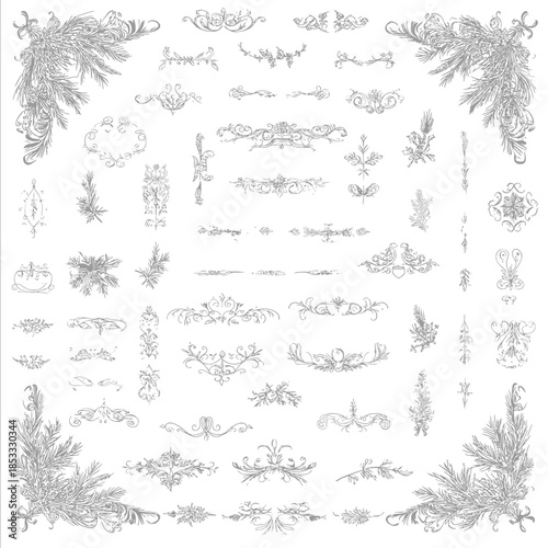 A highresolution white vector sheet featuring individual oldworld ornamental design elements with subtle Christmas accents Include a variety of elegant flouri