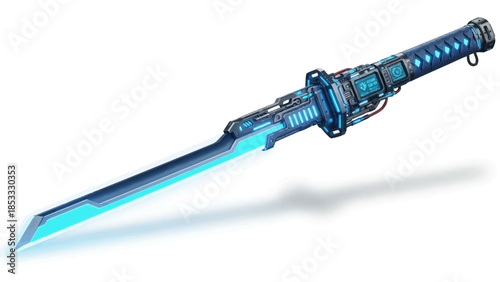 Futuristic blue katana sword with glowing cyberpunk design elements
