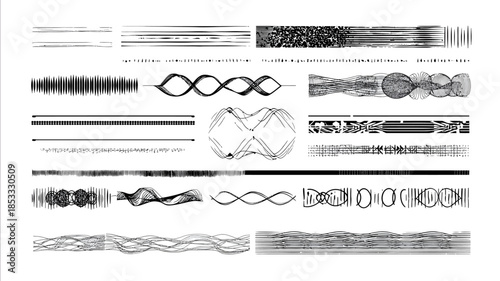 a collection of horizontal divider line designs each in a unique style minimal tech and abstract clean vectorstyle illustrations inkdrawn pixelperfect divider
