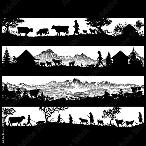 Swiss scherenschnitt silhouette in traditional easy cutpaper style panoramic horizontal strip 1200x20 cm proportion blackonly cutout design with easy detailed
