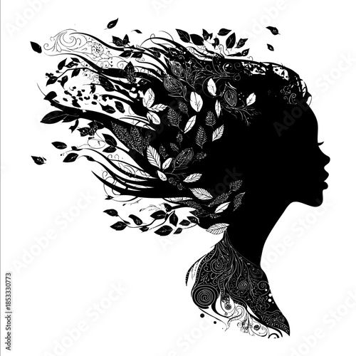 A vector design of the silhouette of an elegant tree goddess with flowing hair and leaves with intricate patterns on her rendered in black against a white bac