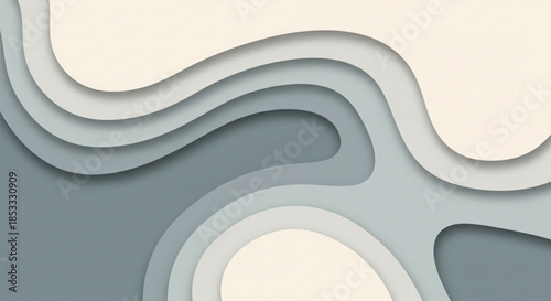 Abstract layered paper cut background with soft curves, neutral pastel tones, modern minimalist 3D depth design.