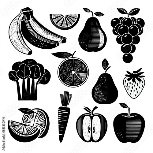 Blackandwhite Bauhausstyle illustration of fruits and vegetables on a white background Each object is simplified into clean geometric shapes using circles rec