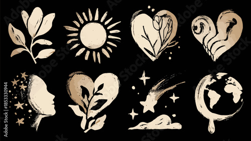 8 runestyle symbolic icons for selfcare affirmations Painted brush look flat shapes in one soft cream tone Organic imperfect mystical feminine Black backgroun