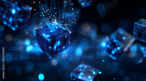 Futuristic abstract digital background with glowing blue geometric cubes and data particles, technology innovation representation, big data and artificial intelligence, defocused l