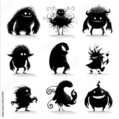 a set of limbo style monsters set of 9 white background