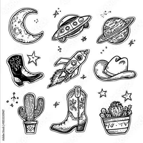 a hand drawn line art sticker collection featuring moon planets retro spaceship cowboy hatscowboy boots cactus