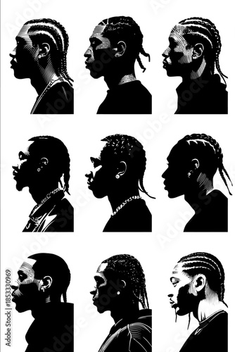 9 different black and white vector stencil images of men with cornrow braids on a white background with only black outlines arranged in a 4 by 3 grid