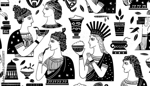 Incredible and simple dooble very detailes black lines in a white backround very joyfull and fun style of greek gods and godess eating greek yogurt and sharin