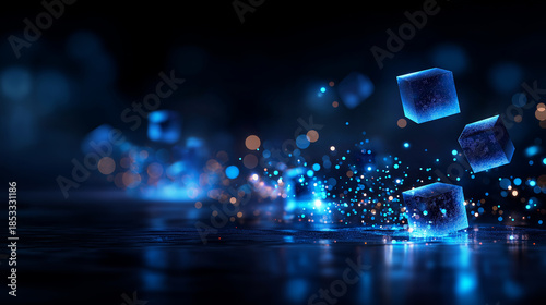 Futuristic abstract digital background featuring glowing blue cubes and particle streams, technology innovation visualization, big data concepts, artificial intelligence, defocused