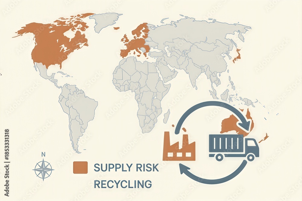 Fototapeta premium Global recycling supply risk map illustrating critical zones for sustainable practices and resource management aimed at enhancing circular economy strategies and optimizing environmental impact