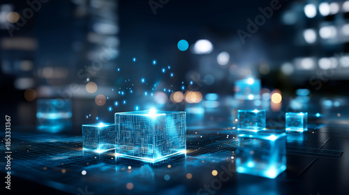 Futuristic digital landscape made of glowing blue cubes, technology data and innovation concept, blockchain data processing and artificial intelligence projects, defocused depth, w