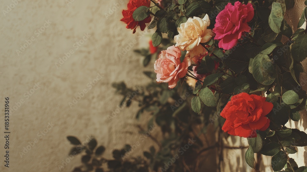 Fototapeta premium Vibrant roses in red, pink, and yellow bloom beautifully with lush green leaves against a textured wall, bathed in soft natural light, offering ample copy space.