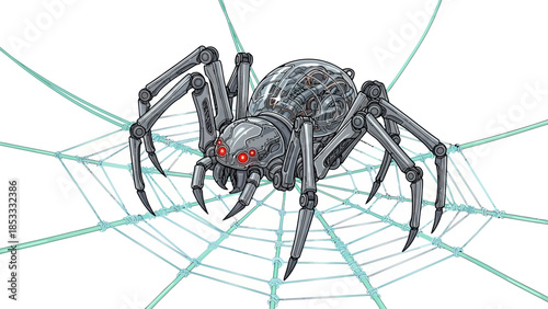 Robotic Spider on Web Isolated on White Background