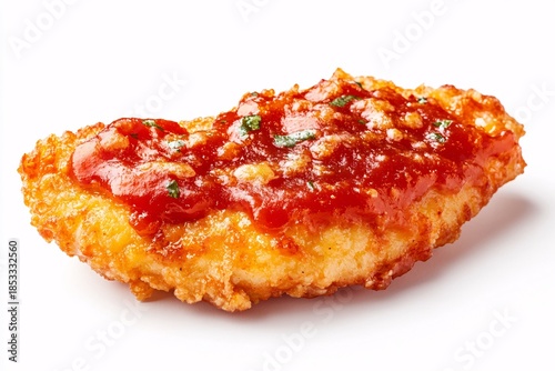 A delicious slice of Italian pepperoni pizza with melted mozzarella cheese and tomato sauce isolated on a white background as a tasty baked snack