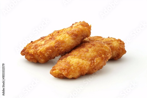  crispy fried chicken breast served as a tasty fresh snack meal isolated on a white background with a golden brown closeup texture