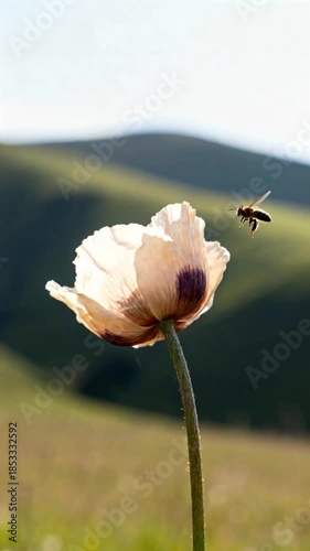 Honey Bee Flying Near White Poppy Flower in Green Mountain Meadow Close Up