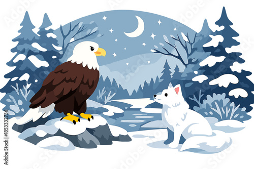 A Majestic Eagle Meets an Arctic Fox in an Enchanted Winter Forest