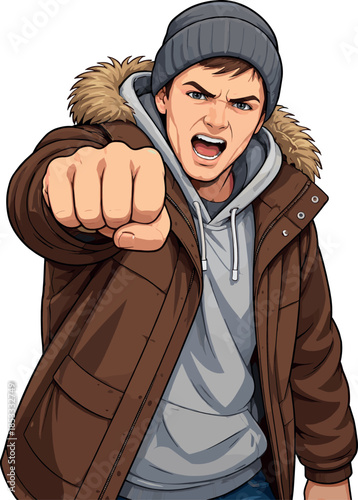 A resolute man in winter gear clenches his fist with force against a hazy street backdrop, suggesting a possible confrontation