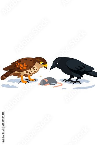On snowy ground, two birds face off, one with patterned brown feathers and the other all black, watching prey