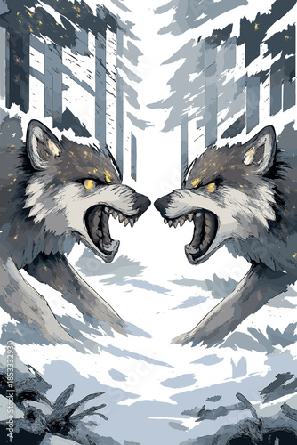 Two wild gray wolves snap, baring their teeth, confronting each other fiercely