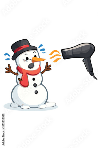 A frightened clay snowman with a carrot nose stares in terror at a black hairdryer aimed at it, representing danger, fear, and the risk of melting from heat