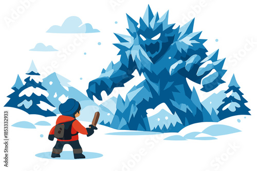 A boy faces a massive ice beast amid a snowy landscape