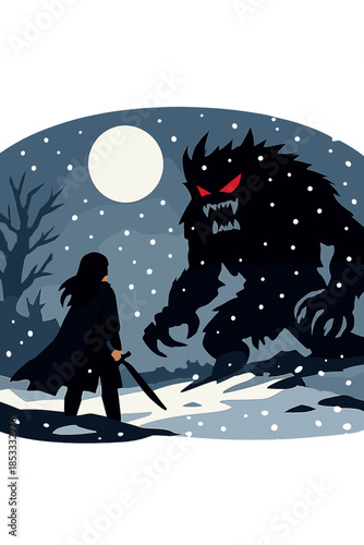 A woman confronts a monstrous beast on a moonlit night as snow falls