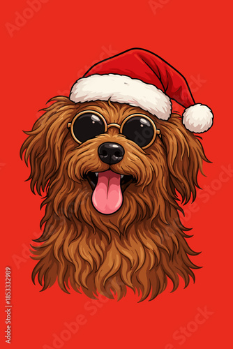 Un chien amusant portant un bonnet de Noël, représenté en portrait isolé sur fond rouge, avec de longs poils marron et un look décal