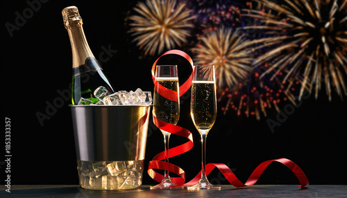Chłodzony w lodzie szampan z kiszkami na tle sztucznych ogni 
