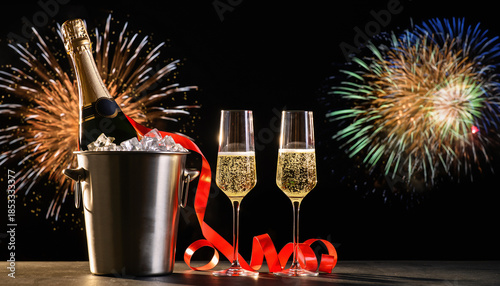 Chłodzony w lodzie szampan z kiszkami na tle sztucznych ogni 