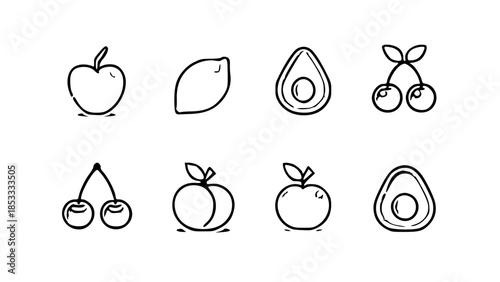 Minimal cute fruit icon set with apple, lemon, avocado, cherry, peach and kiwi, soft pastel colors, simple rounded geometry.