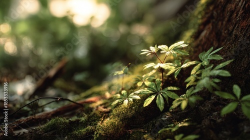 Sun-Dappled Forest Floor with Young Plants Near Tree Trunk Scenery