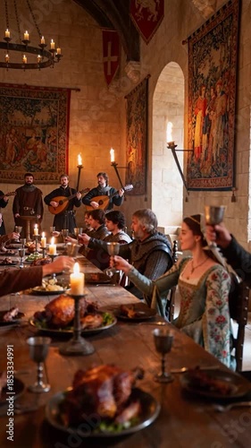 Medieval Royal Banquet with King Toasting Goblet at Feast Table with Musicians Background