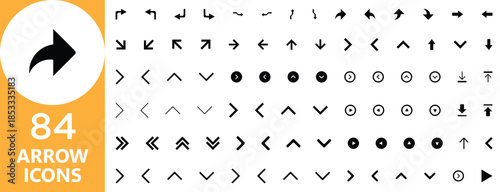 Comprehensive set of minimalist arrow and navigation icons in multiple directions and styles. Ideal for user interfaces, mobile apps, websites, dashboards, presentations, and UX/UI navigation systems.