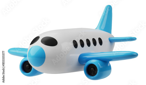 3D Model of Cute Blue and White Airplane with Jet Engines for Kids and Travel Icons