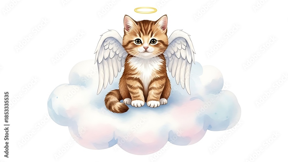 Obraz premium Heavenly Kitty on Cloud Nine: An adorable kitten with angelic wings and a halo, sits serenely atop a soft, fluffy cloud, evoking feelings of peace, comfort, and innocence.