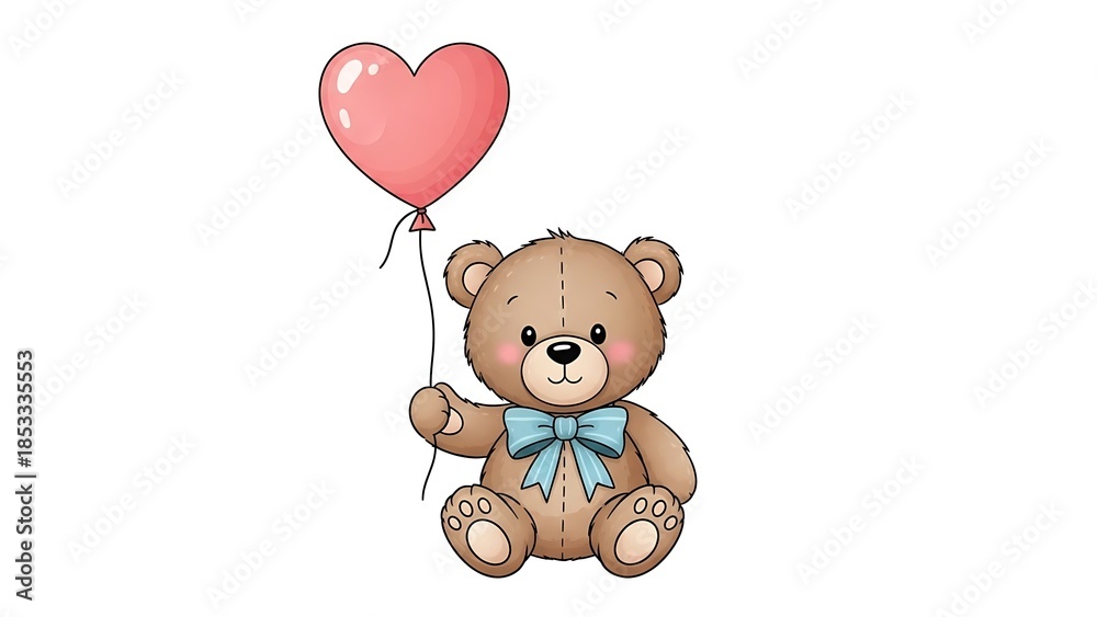 Fototapeta premium Cute Teddy Bear with a Heart Balloon: A sweet teddy bear holds a charming heart-shaped balloon, symbolizing love and affection. Capturing the innocence and tenderness of childhood.