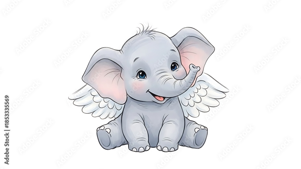 Naklejka premium Cute Elephant with Wings: This adorable illustration shows a charming elephant with delicate wings, bringing a touch of fantasy.