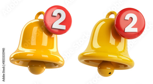 3D Yellow Bell with Red Notification Badge Showing Number 2 for Alerts and Notifications