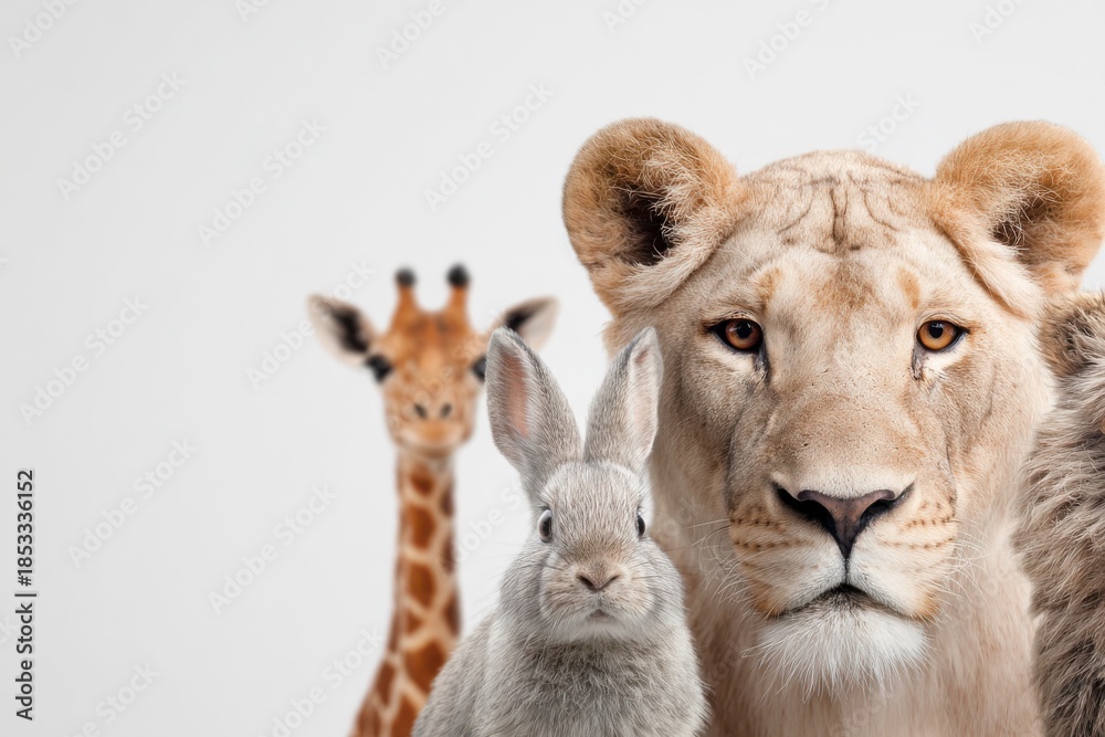 Obraz premium Lion, Giraffe, and Rabbit Together