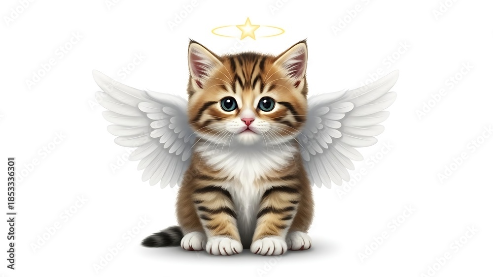 Obraz premium Guardian Angel Cat: A cute kitten, adorned with angelic wings and a halo, embodying innocence, charm, and divine protection.