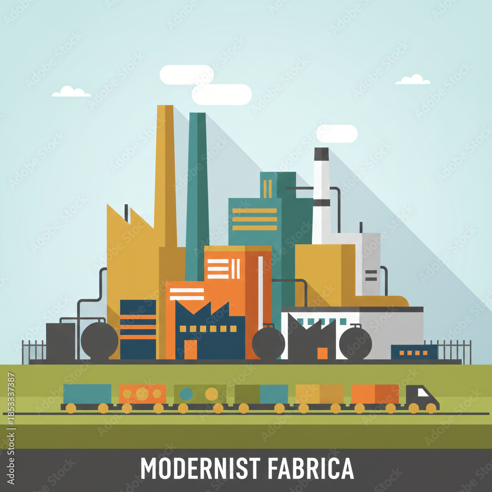 Obraz premium Industrial Concrete Batching Plant and Aggregate Processing Facility with Storage Silos and Conveyor Belts at Sunset with Dramatic Sunburst Flare