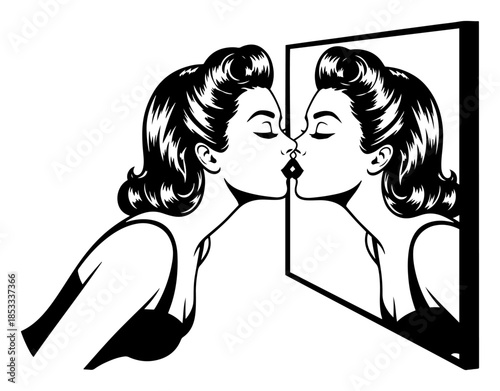 Self-love mirror kiss – retro woman kissing her own reflection, body-positive self-acceptance vector illustration