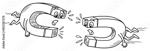 Cartoon magnets face-off – anthropomorphic horseshoe magnet characters yelling with electric sparks of magnetic force, funny science attraction vector illustration