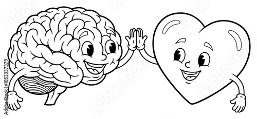 Brain and heart high-five cartoon – cute friendship of logic and emotion, mental health balance teamwork vector illustration